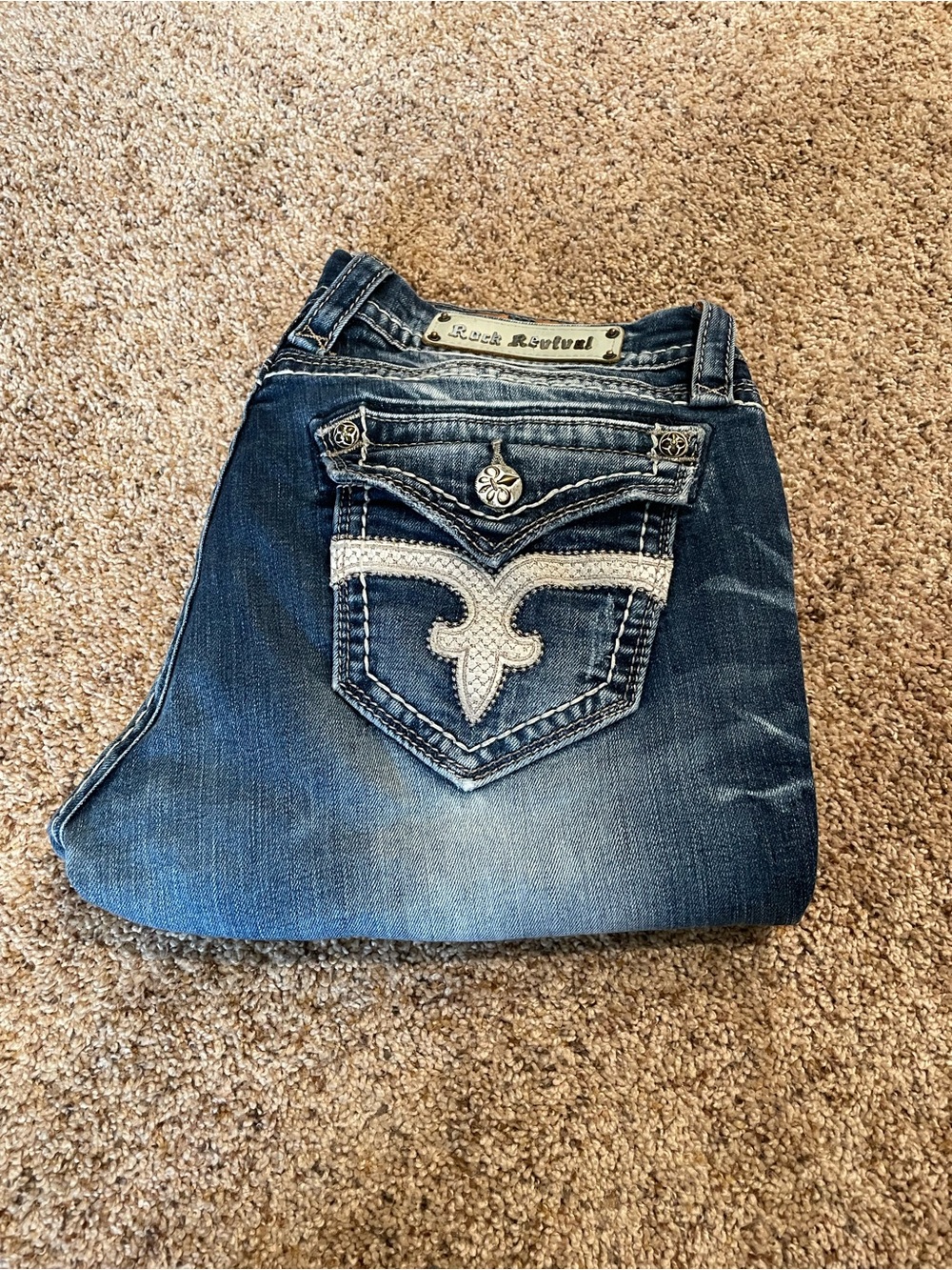 Rock Revival Women's Blue Distressed Boot Cut Jeans with Embroidered Back Pocket